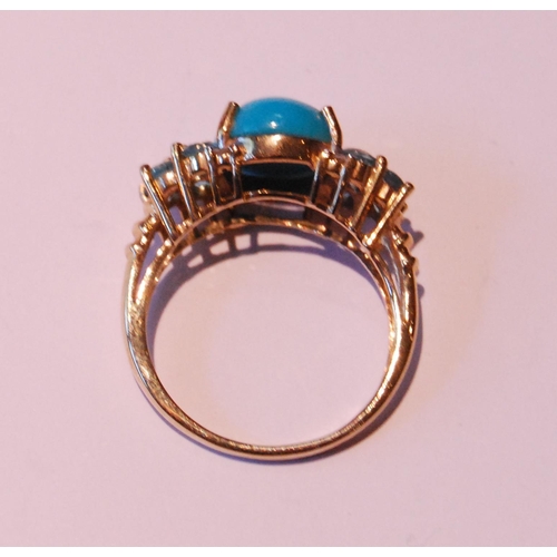 39 - Gold ring with three aquamarines and another, both 9ct gold, sizes R and S/T, 7.7g gross.  (2)