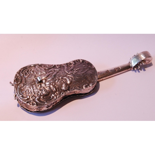 2 - Silver pepperette modelled as a Dutchman and a similar silver embossed violin, Import Marks 1900 and... 