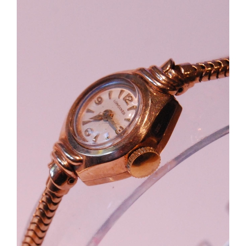 97 - Lady's Longines 9ct gold bracelet watch, 12.7g gross.