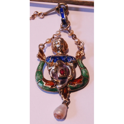 42 - Silver pendant of Renaissance style with polychrome enamel on 9ct white gold pin.