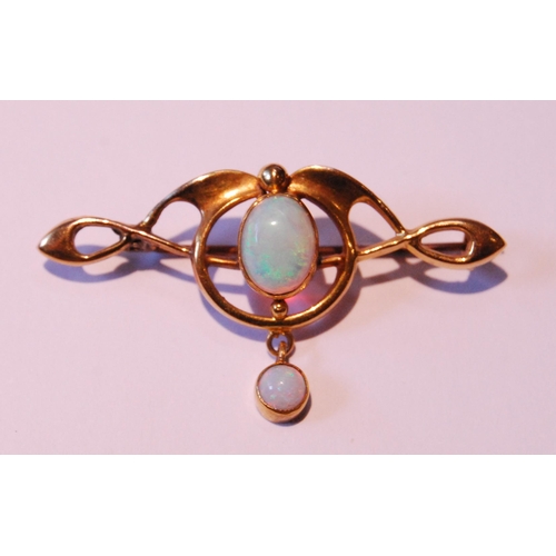 44 - 9ct gold brooch of Art Nouveau style with two opals, 1911, and another with pearls, 6.9g gross.  (2)