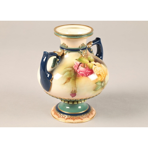 12 - Royal Worcester twin handled vase, hand painted pink and yellow roses, gilt enrichments, date coded ... 