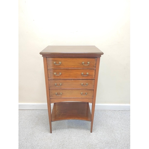 404 - Edwardian inlaid music cabinet with four graduated pull out drawers above undertier on tapered suppo... 