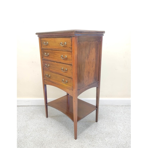 404 - Edwardian inlaid music cabinet with four graduated pull out drawers above undertier on tapered suppo... 