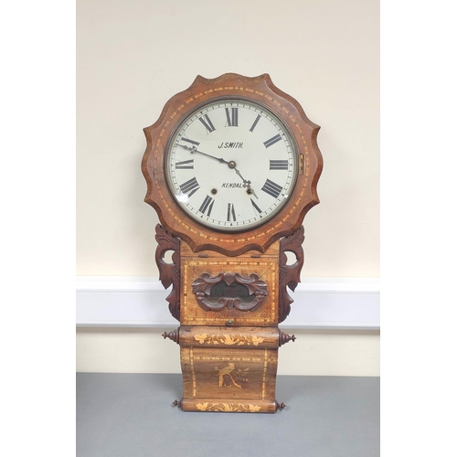 154 - Victorian walnut marquetry drop dial wall clock, The American clock named to J. Smith - Kendal to th... 