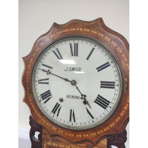 154 - Victorian walnut marquetry drop dial wall clock, The American clock named to J. Smith - Kendal to th... 