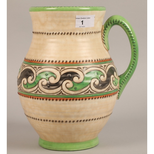 1 - Charlotte Rhead Crown Ducal vase, single handle with green and orange lustre design, height 26cm