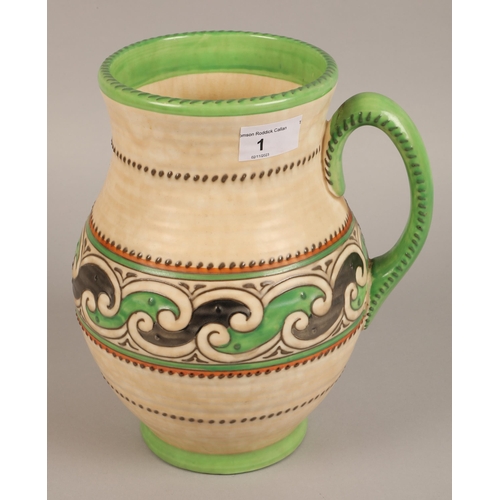 1 - Charlotte Rhead Crown Ducal vase, single handle with green and orange lustre design, height 26cm