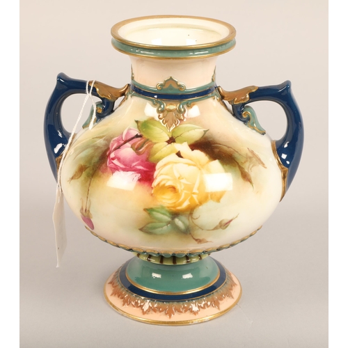 12 - Royal Worcester twin handled vase, hand painted pink and yellow roses, gilt enrichments, date coded ... 