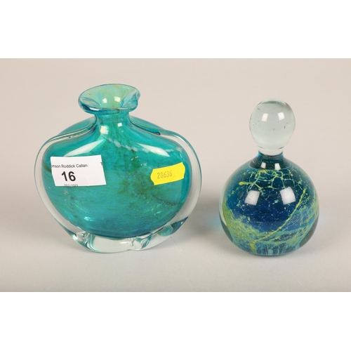 16 - Blue green vase signed Mdina to base, and another similar paperweight (unsigned) (2)