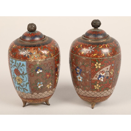 25 - Pair cloisonne lidded pots, each 12cm h