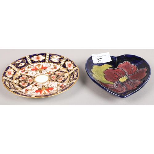 37 - Heart shaped Moorcroft pin dish, and a small Royal Crown Derby dish