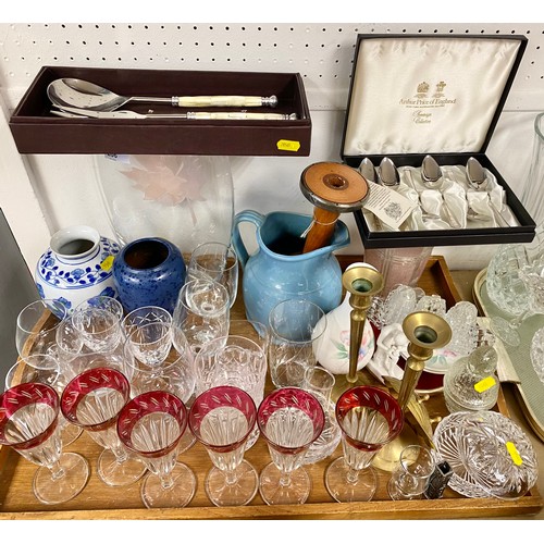 286 - Tray containing pair of brass candlesticks, Oriental style vase, glassware etc.