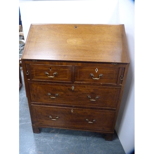 389 - Edwardian inlaid mahogany bureau with two short and two long drawers.