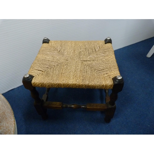 421 - Oak-framed stool, two wooden trays and a quantity of lampshades.