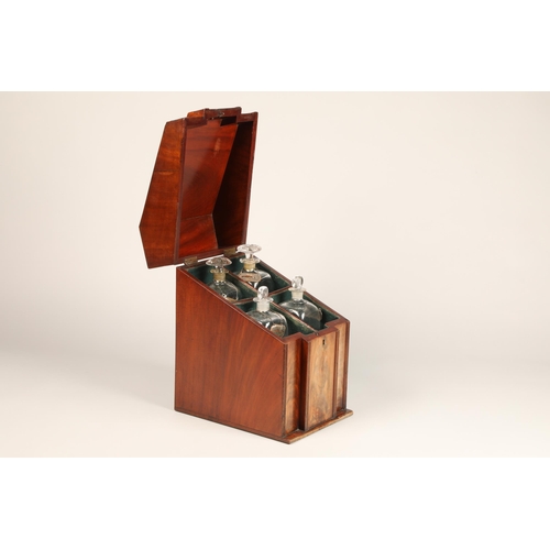 385 - Georgian mahogany decanter box, hinged slopping cover revealing four felt lined compartments with fo... 