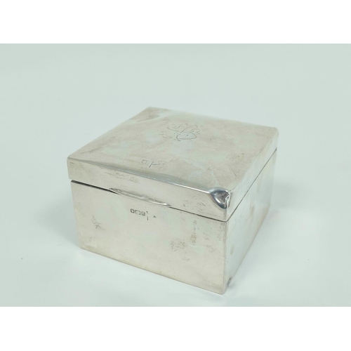 91 - Silver cigarette box, monogramed, 9cm x 9cm.