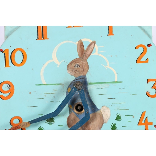 375 - 20th century wall clock painted with Peter Rabbit design, the clock hands modelled as Peter Rabbit's... 