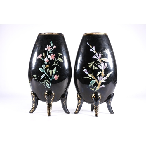 384 - Pair of Bohemian black glass vases in the manner of Harrach, having enamel design of birds and insec... 