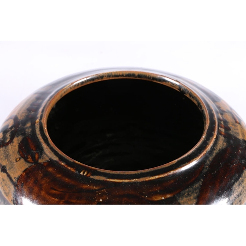 415 - Large studio pottery tenmoku glazed pot, unsigned, 26cm diameter.