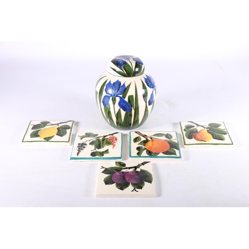 419 - Five Griselda Hill Wemyss pottery tiles of fruit design, 10cm x 10cm and a floral pattern ginger jar... 