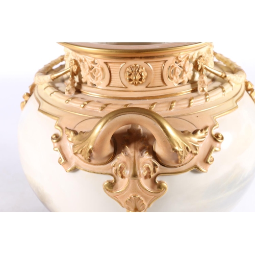 420 - Royal Worcester porcelain urn vase and cover with blush ivory ground, hand painted vignette of Highl... 