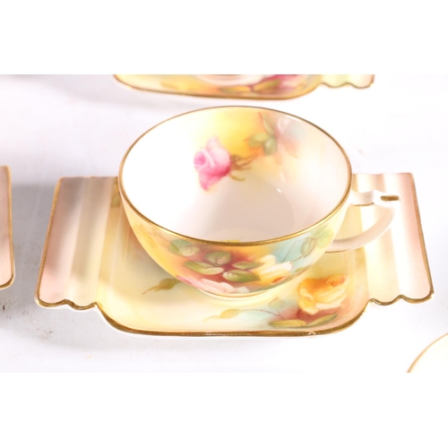 421 - Art Deco Royal Worcester porcelain teacups and saucers decorated with hand painted 'Hadley Rose' des... 