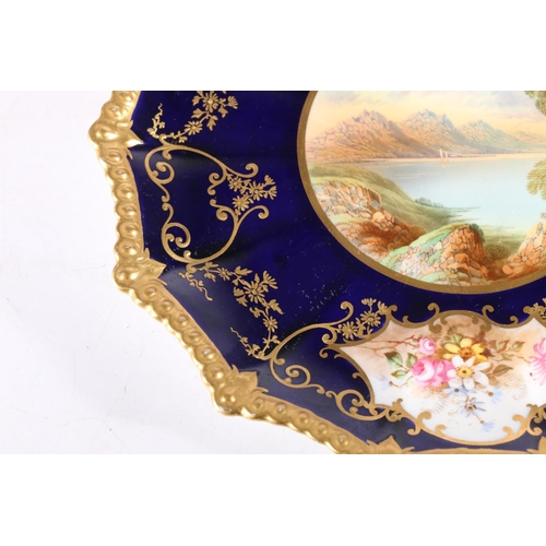 422 - Aynsley porcelain cabinet plate, the central vignette depicting a lake scene with two further floral... 