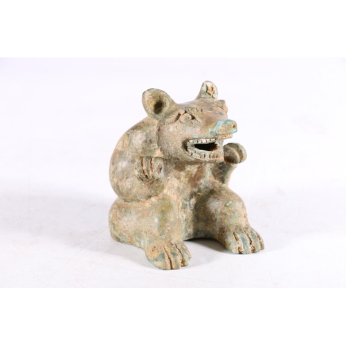 451 - Chinese seated bronze bear model shown growling, with head up and mouth open to show his teeth, 9 x ... 