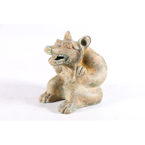 451 - Chinese seated bronze bear model shown growling, with head up and mouth open to show his teeth, 9 x ... 