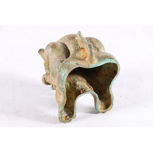 451 - Chinese seated bronze bear model shown growling, with head up and mouth open to show his teeth, 9 x ... 