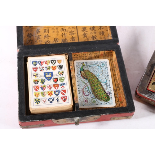 463 - Chinese painted red lacquer box with bird design containing a compass, 14cm x 14cm and a similar car... 