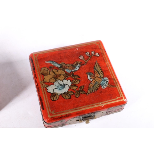 463 - Chinese painted red lacquer box with bird design containing a compass, 14cm x 14cm and a similar car... 