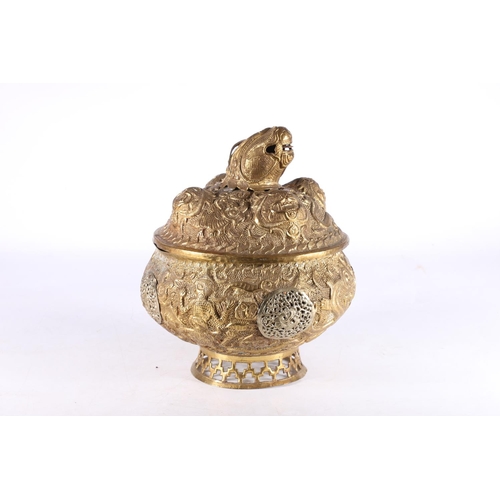 471 - Indian brass pot and cover, the body decorated with all over repoussé figure, snake and anima... 