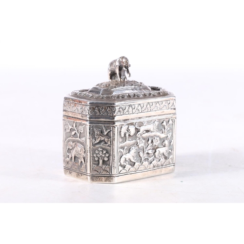 475 - Indian silver tea caddy decorated with animals including elephant, rabbit, tiger, lion, dog etc in a... 