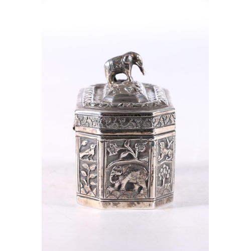 475 - Indian silver tea caddy decorated with animals including elephant, rabbit, tiger, lion, dog etc in a... 