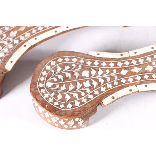 476 - Pair of Indian bone inlaid rosewood block kahdau slippers or shoes, 25.5cm long.