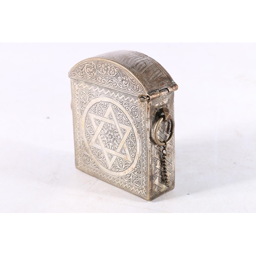 472 - Eastern white metal arch topped tinder box or belt box decorated with star of David and incised patt... 