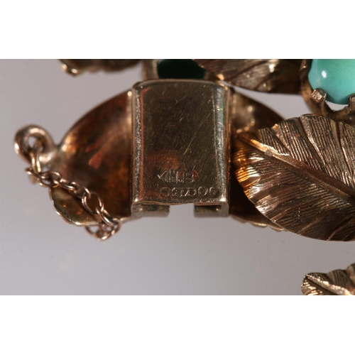 136 - 9ct gold leaf design bracelet set with turquoise cabochons, makers mark 'HB', 18.9g gross.