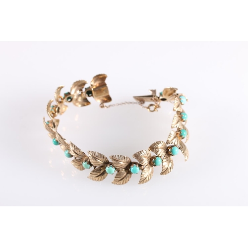 136 - 9ct gold leaf design bracelet set with turquoise cabochons, makers mark 'HB', 18.9g gross.