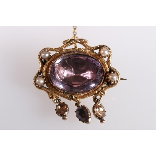 139 - Victorian yellow metal brooch, the central faceted oval amethyst encircled by two snakes guarding fo... 