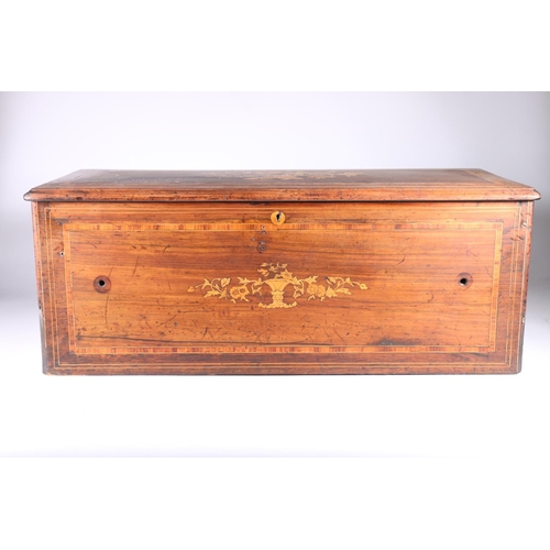 344 - Antique musical box case with crossbanded border and inlaid bird and leaf design to the centre (empt... 