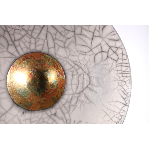 413 - JOHN SCOTT of Sourdust Pottery, a large raku fired crackle pottery ceramic dish, signed in gold colo... 