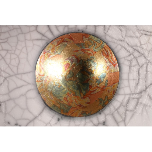 413 - JOHN SCOTT of Sourdust Pottery, a large raku fired crackle pottery ceramic dish, signed in gold colo... 