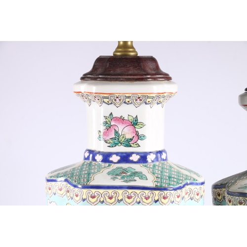 452 - Pair of Chinese Canton famille rose converted table lamps decorated with panels of polychrome five c... 