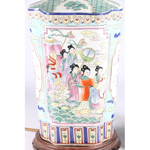 452 - Pair of Chinese Canton famille rose converted table lamps decorated with panels of polychrome five c... 