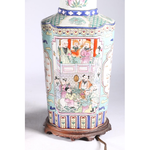 452 - Pair of Chinese Canton famille rose converted table lamps decorated with panels of polychrome five c... 