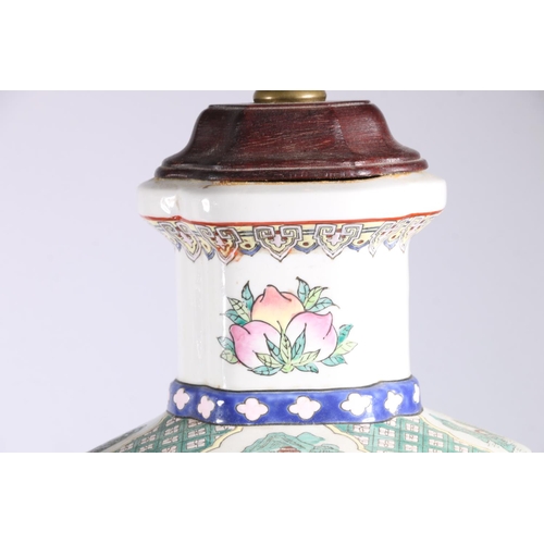 452 - Pair of Chinese Canton famille rose converted table lamps decorated with panels of polychrome five c... 