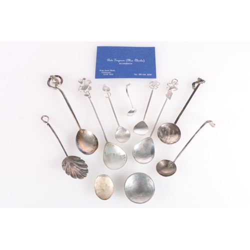 94 - Four contemporary silver spoons by Rita Ferguson, 45g and other spoons unmarked, 84g. Rita Ferguson ... 