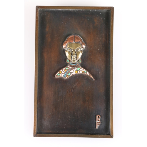 96 - Contemporary bronze plaque by Rita Ferguson, with applied brass, copper and enamel work bust of an o... 